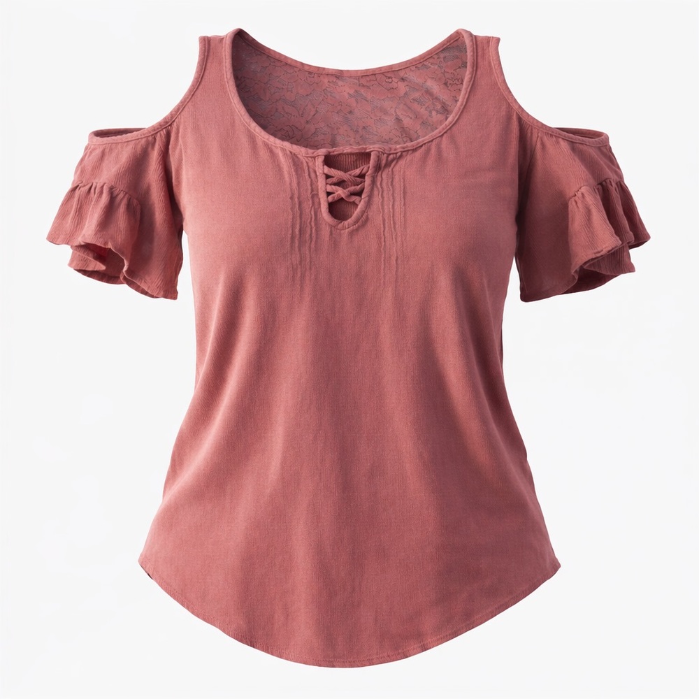 BONGO Boho Cold Shoulder Women’s Large Dusty Rose Lace Back Bell Sleeve Blouse